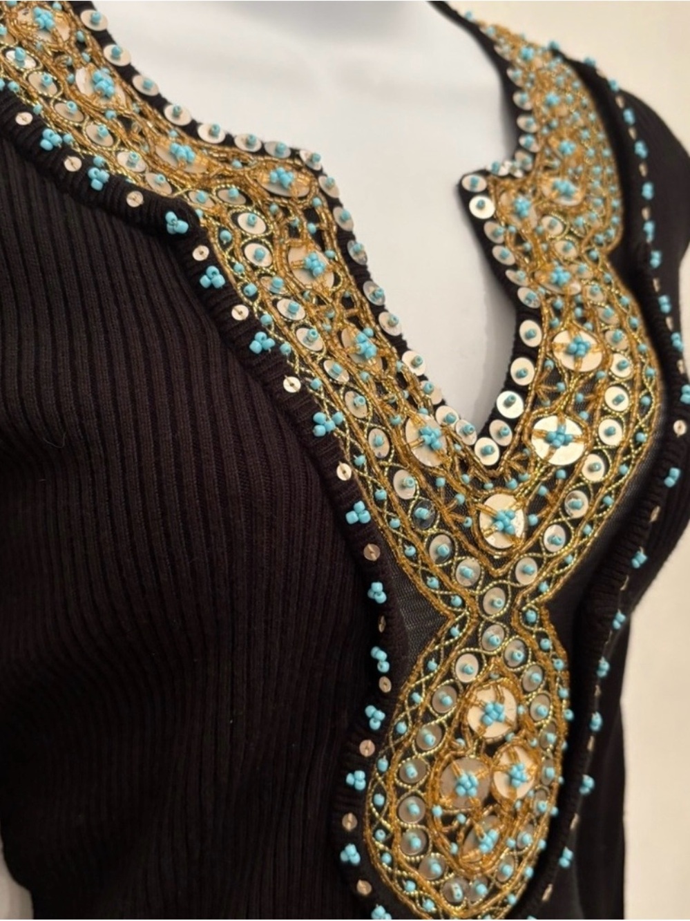 Black V-Neck Sweater with Gold & Turquoise Embellishment